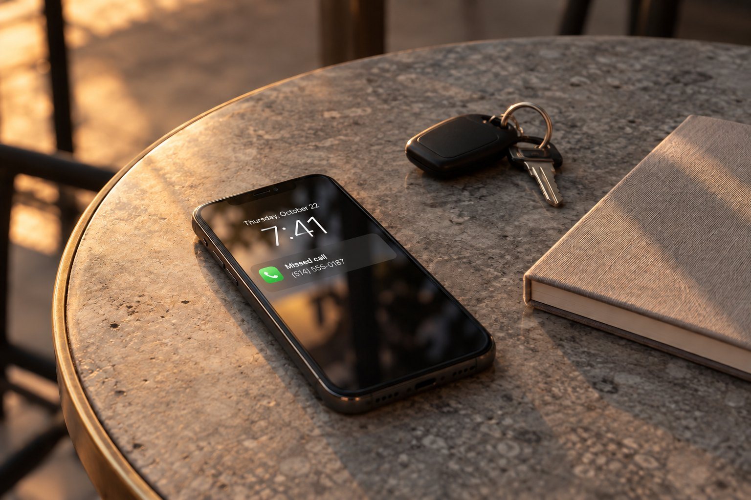 A phone on a table in the evening showing a missed call