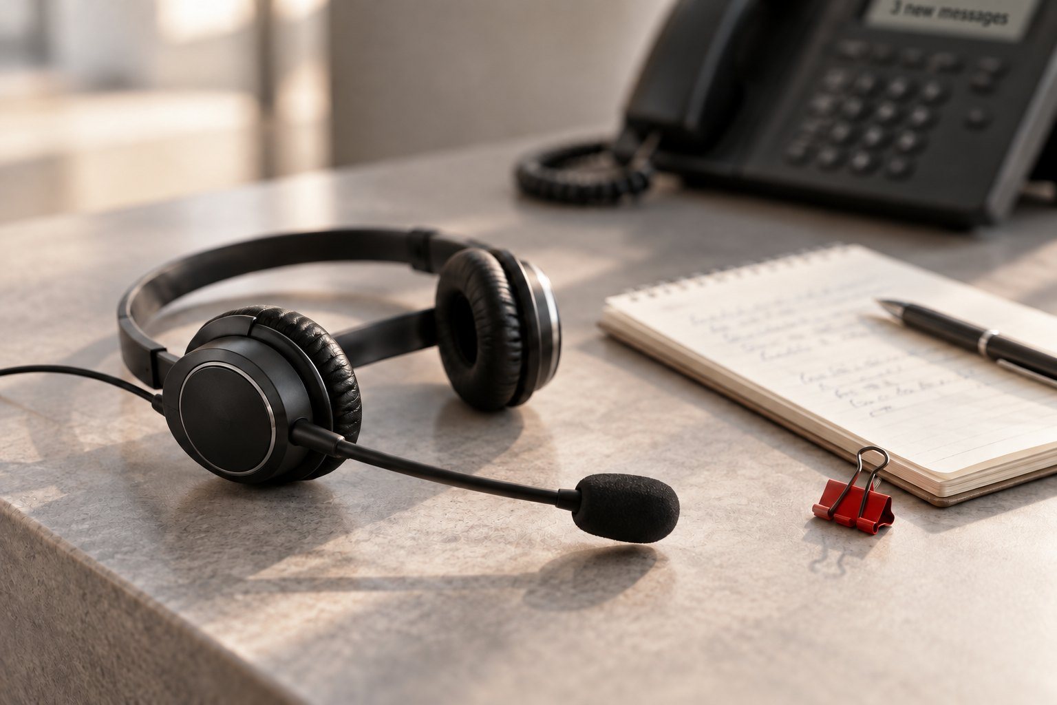 A headset resting on a desk next to handwritten phone messages