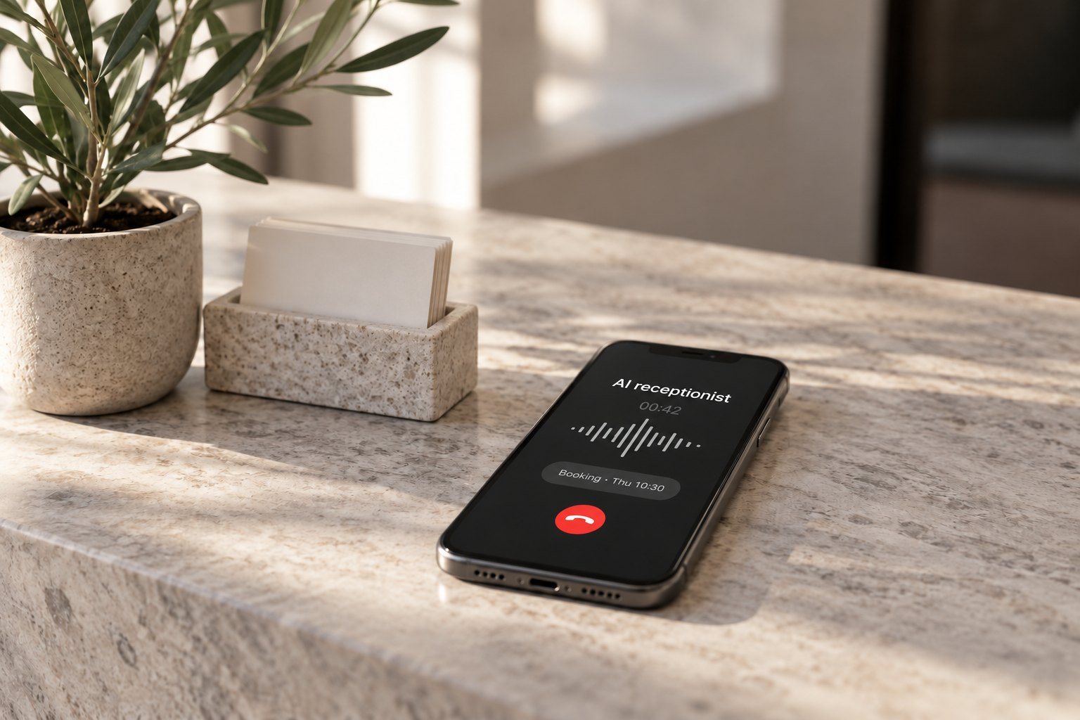 A phone on a reception counter showing a call in progress
