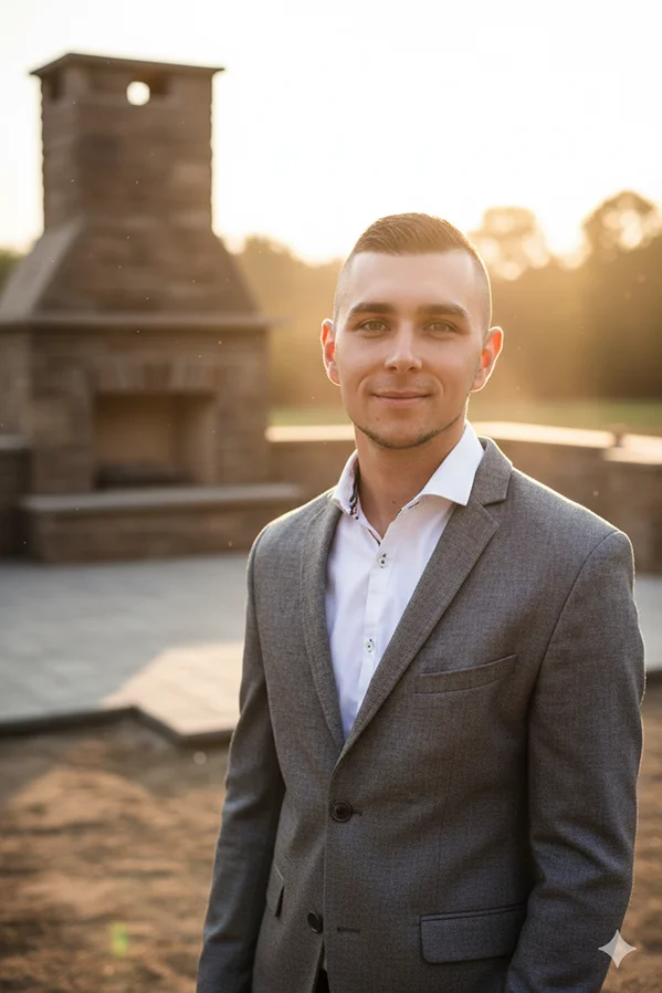 Un jeune homme en costume gris et chemise blanche sourit à la caméra, avec une cheminée extérieure en pierre en arrière-plan.
