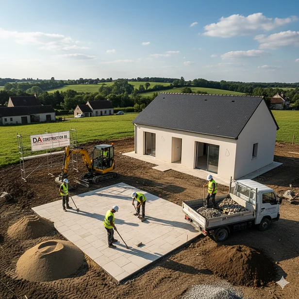 Une vue aérienne d’un chantier de construction avec des ouvriers posant des pavés, une maison neuve et une excavatrice.