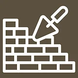 Une icône en contour blanc représentant un mur de briques en construction avec une truelle de maçon, sur un fond brun.