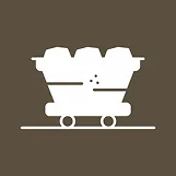 Une icône blanche d’un chariot de mine rempli de charbon, posé sur des rails, sur un fond brun foncé.