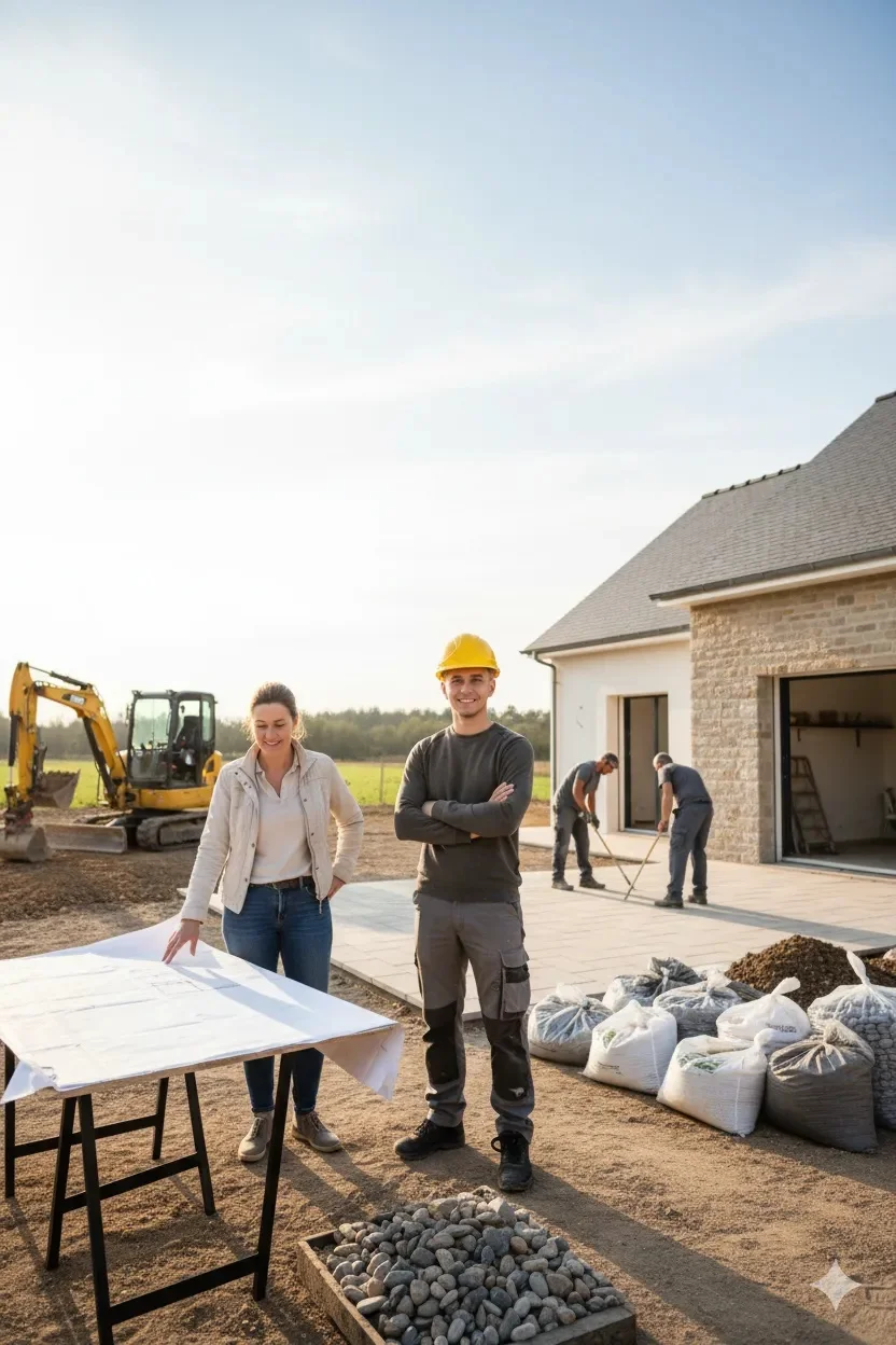 Une femme et un homme portant un casque de chantier jaune examinent un plan de maison sur un chantier ensoleillé.