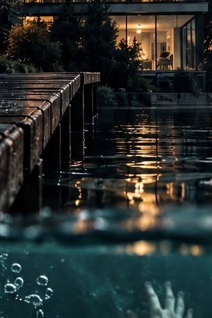 Capătul pontonului și lacul, cu luminile casei reflectate în apă