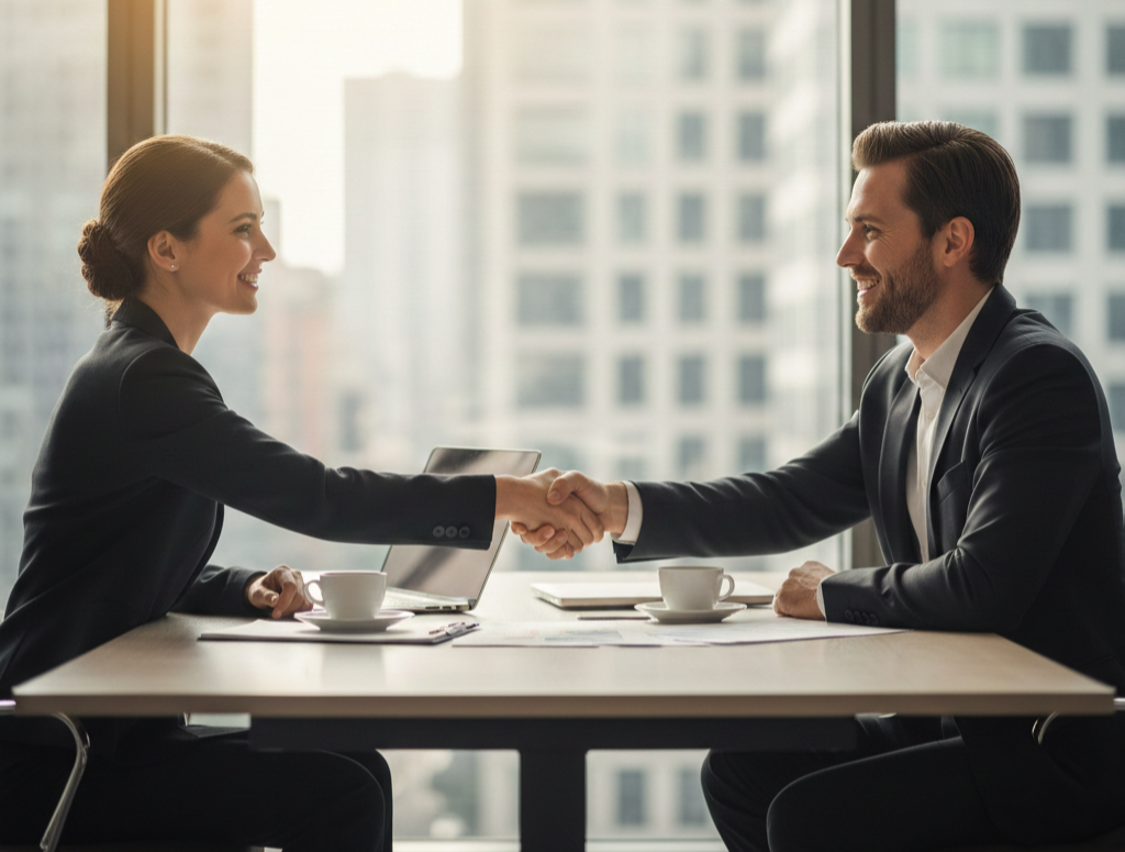Texas small business owner shaking hands with a marketing partner