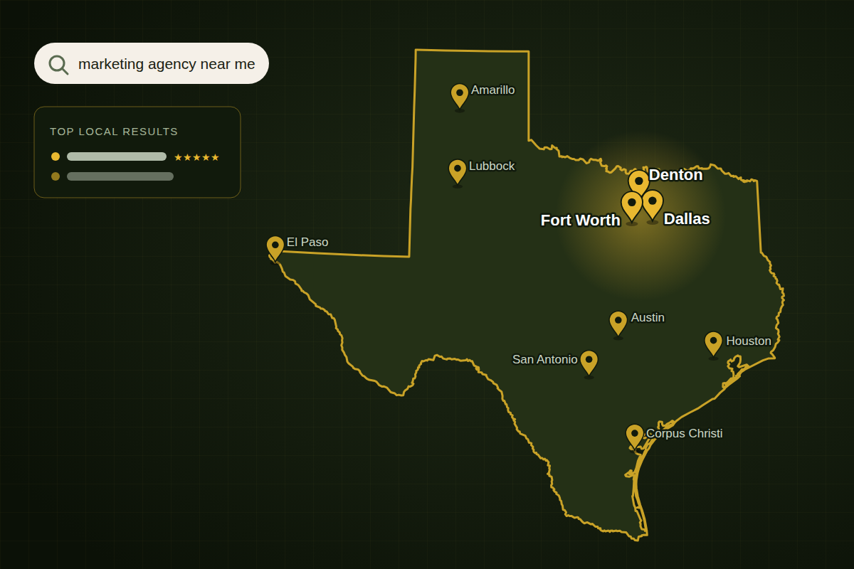 Map of Texas with location pins on Denton, Dallas, Fort Worth, and other Texas cities