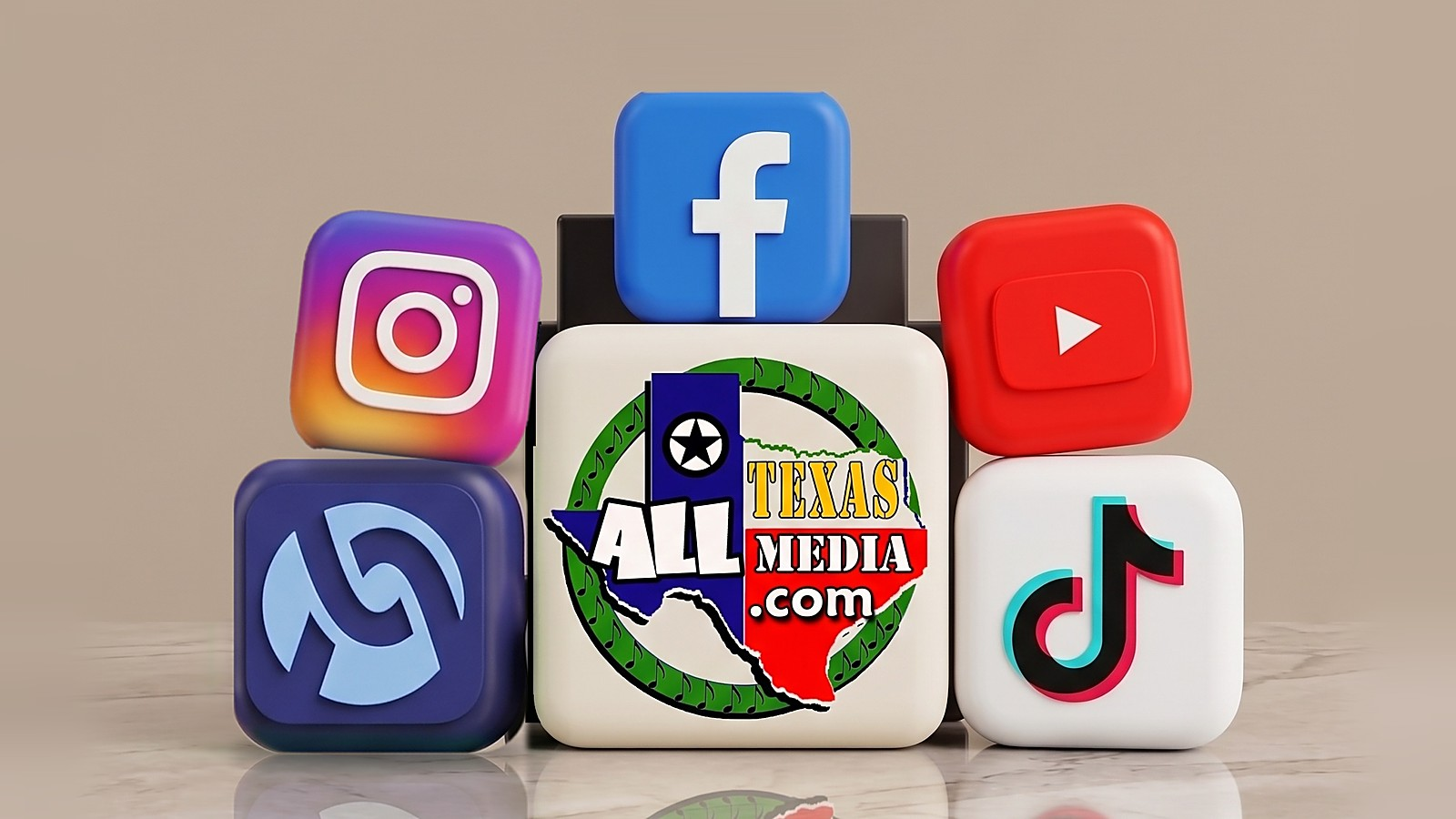 All Texas Media logo surrounded by Facebook, Instagram, YouTube, TikTok and Alignable icons