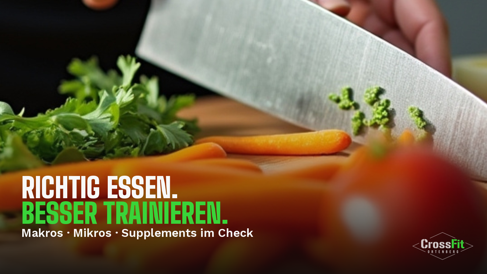 Frisches Gemüse und Messer auf Schneidebrett – Symbolbild für Ernährung, Makros und Mikros im Sport