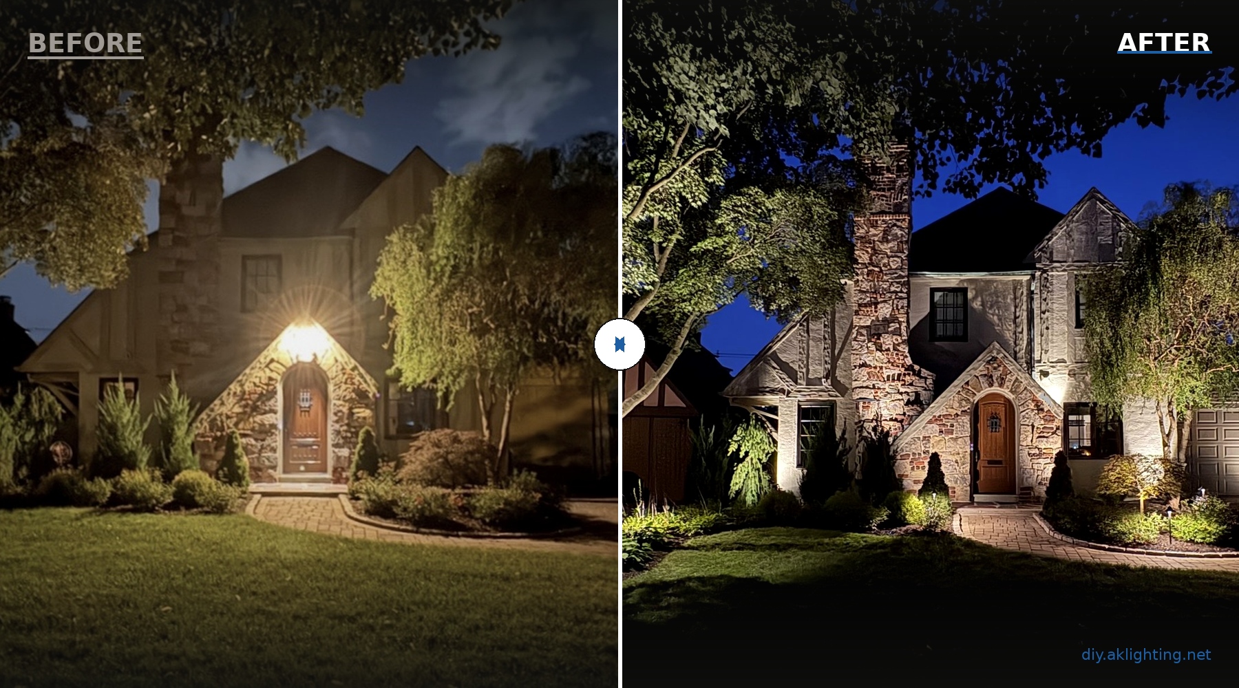 Before and after landscape lighting transformation