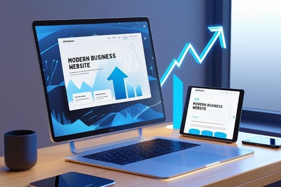Website mockup on laptop, tablet, and smartphone with growth arrows, showing DaVoice AI conversion-focused design and mobile optimization