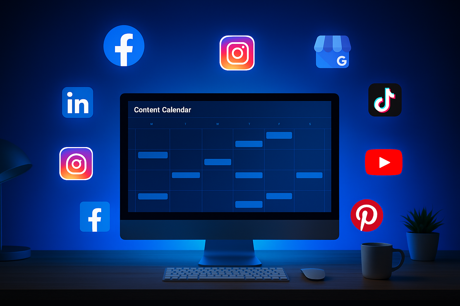 Content scheduling dashboard with social media icons for Facebook, Instagram, LinkedIn, Google Business, TikTok, YouTube, and Pinterest, representing stress-free social media management with DaVoice AI
