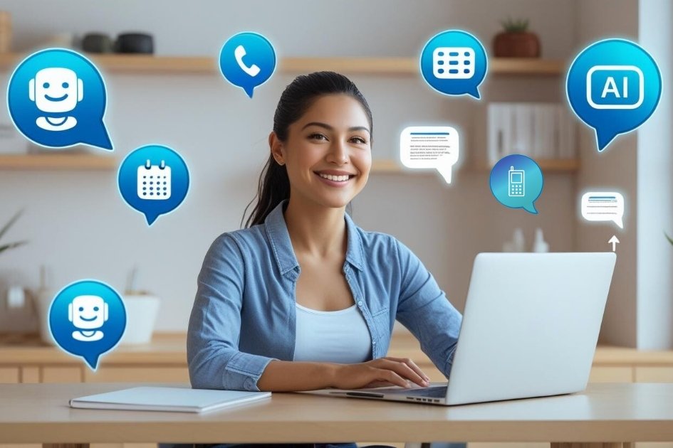 Small business owner using CRM software and conversational AI assistant chatbot service providing instant customer support