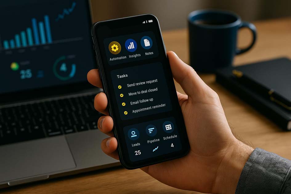 Business owner using the best mobile CRM app to manage leads on the go