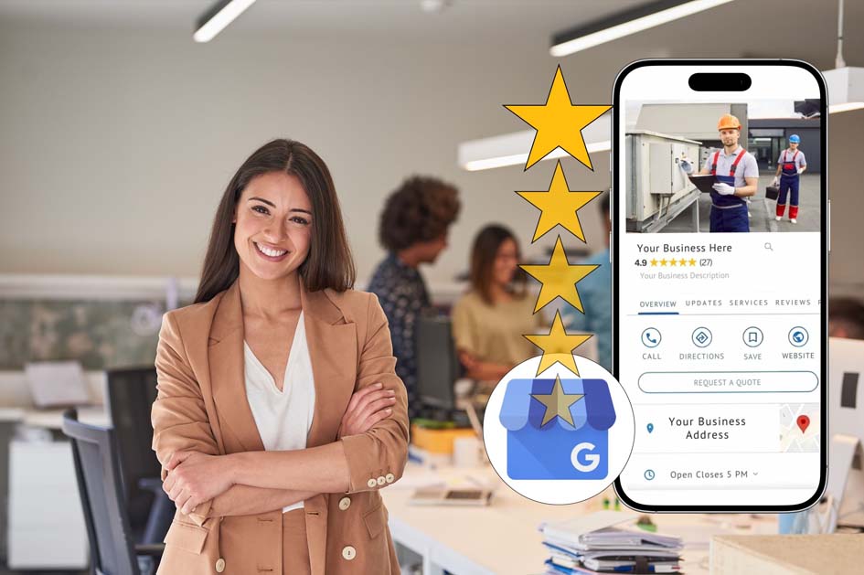 Local business owner viewing a Google Business Profile dashboard with reviews and star ratings