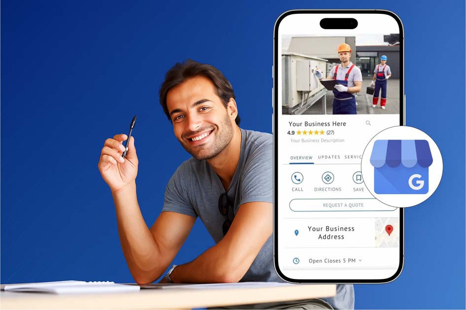 Google Business Profile listing on mobile phones showing reviews, photos, and services for local visibility with optimized business description text on Google Business Profile for higher ranking