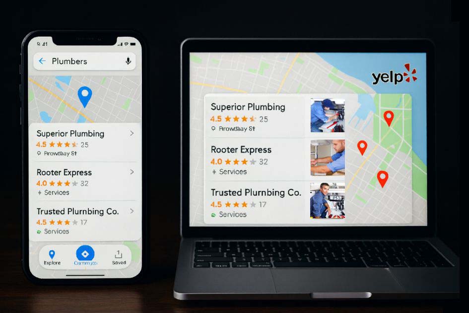 Mobile phone and laptop showing businesses appearing in Google Local 3-Pack after directory optimization
