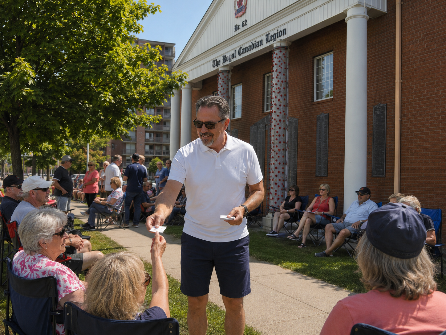 Peter Last speaking with community members outside Royal Canadian Legion Branch 62 in Sarnia while sharing Common Sense Factor Kids information during a local community campaign.