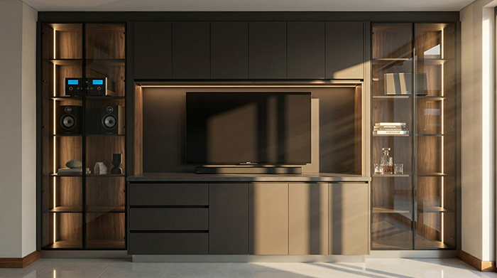 media wall system with hidden cables, seamless panel alignment, ventilation design, warm materials