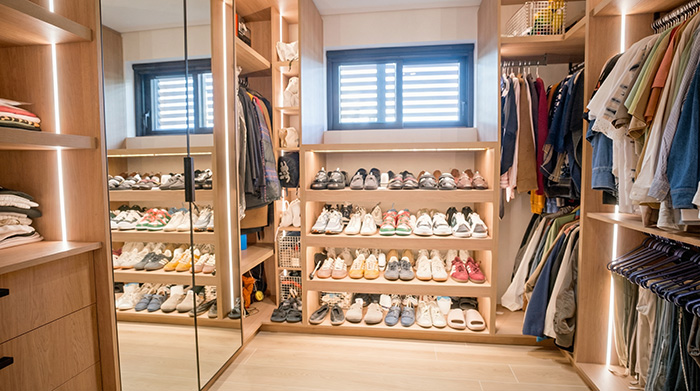 wardrobe organization system, zoned storage, morning routine optimization, elegant interior