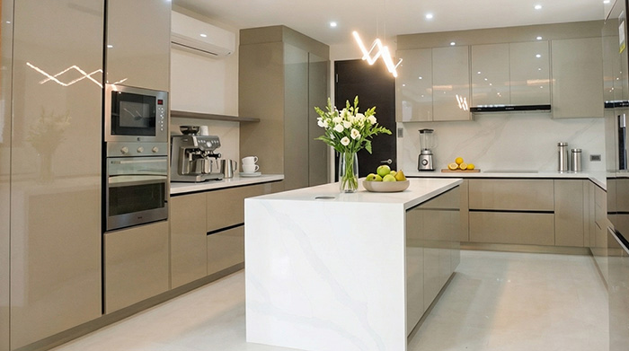kitchen workflow design, cooking triangle, prep zones, efficient layout, warm interior lighting