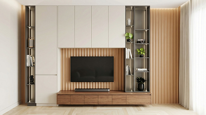 media system setup, hidden cables, ventilation design, clean entertainment space, modern interior