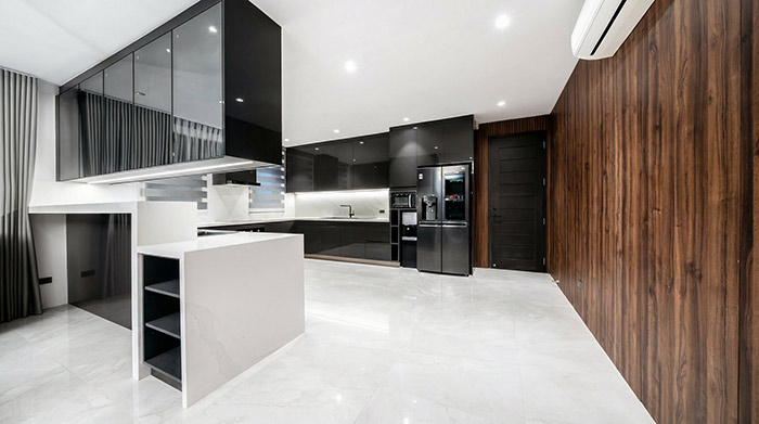 luxury architect-led kitchen 12-16 sqm, architecture-grade integration, panel-ready appliances, mm-precise reveals, sophisticated materials