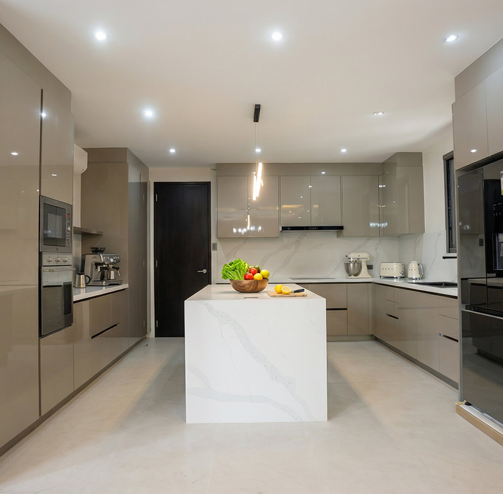 architect-led kitchen case study, panel-ready fridge wall, complex stone installation, even reveals, datum precision, technical documentation