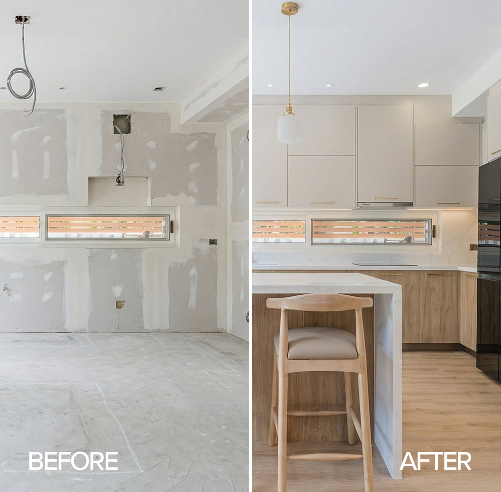 family kitchen case study, 10 sqm village home, weekend hosting setup, organized cooking flow, warm materials, before and after comparison