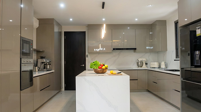 wardrobe case study, organized closet with warm lighting and silent hardware