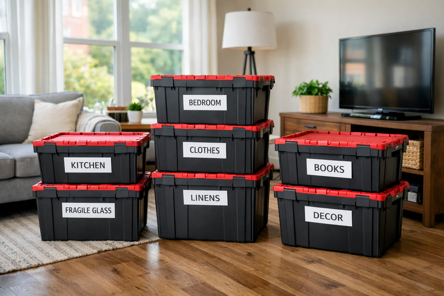 Reusable moving totes stacked neatly in a living room
