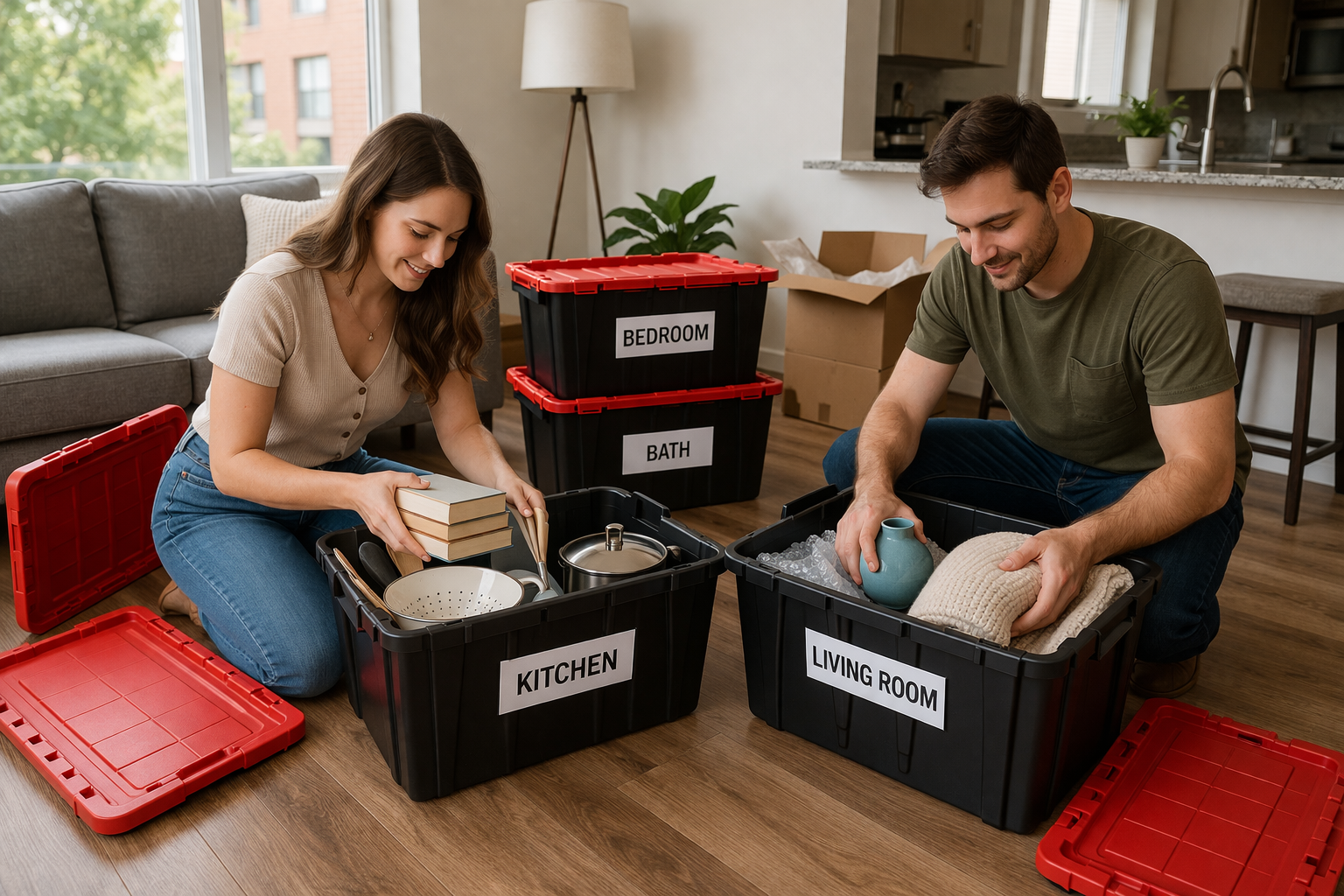 Couple packing reusable moving totes in an apartment