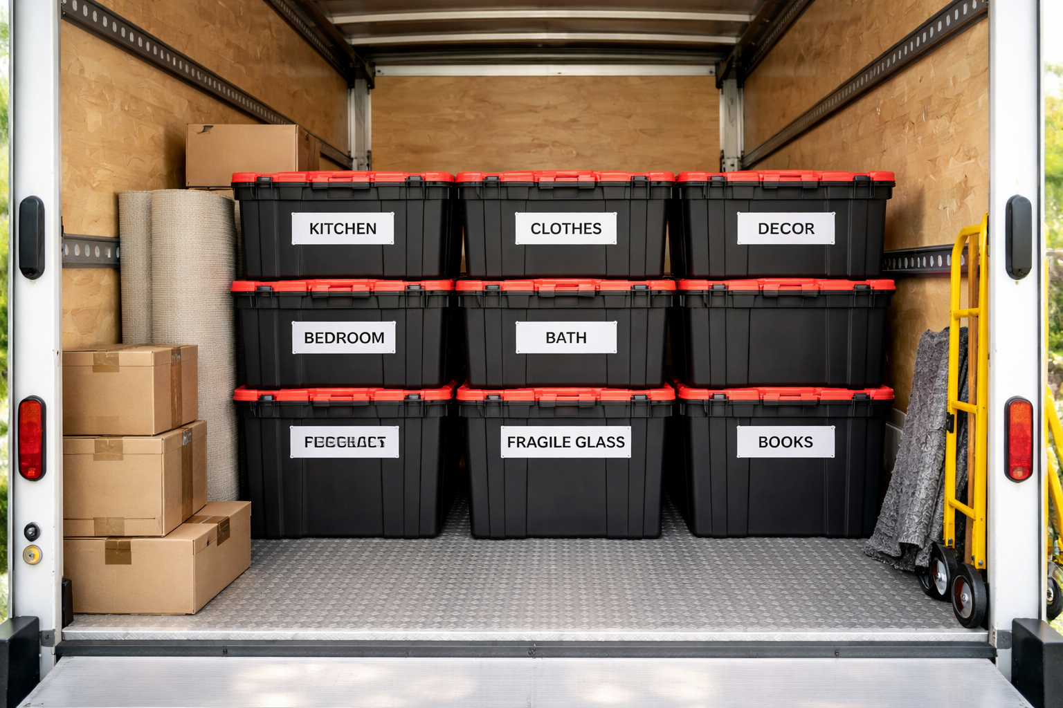 Reusable moving totes stacked inside a moving truck