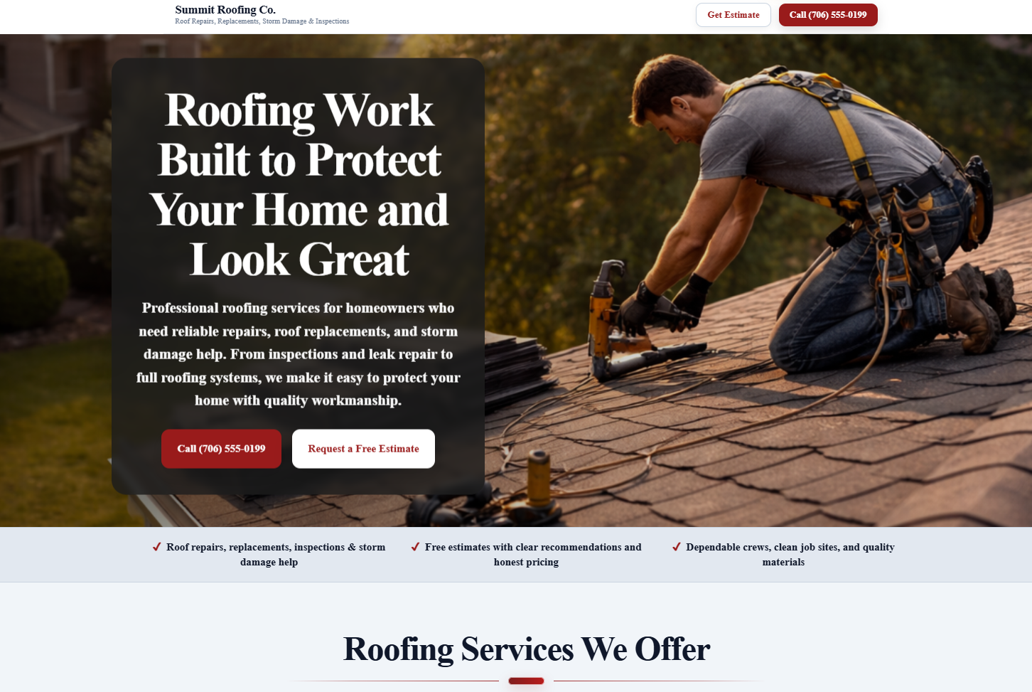 Roofing website demo for a home service business