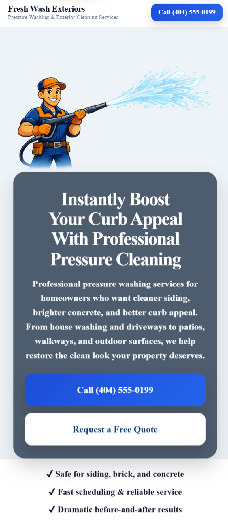 Pressure washing website mobile demo preview