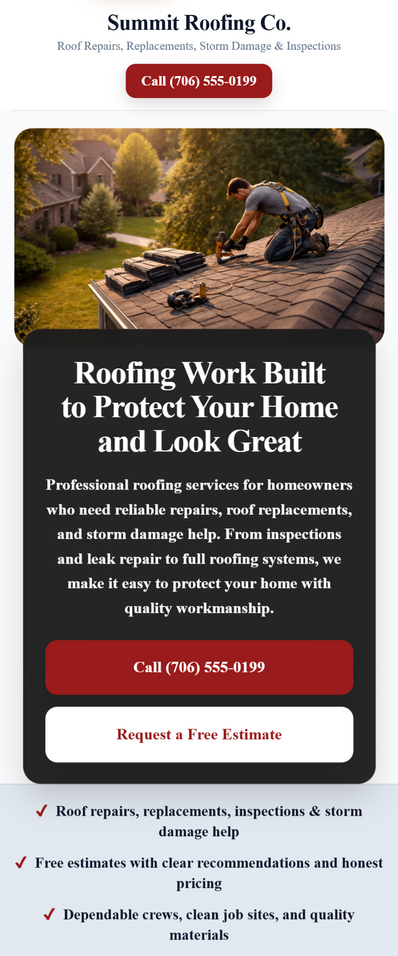 Roofing contractor website mobile demo preview