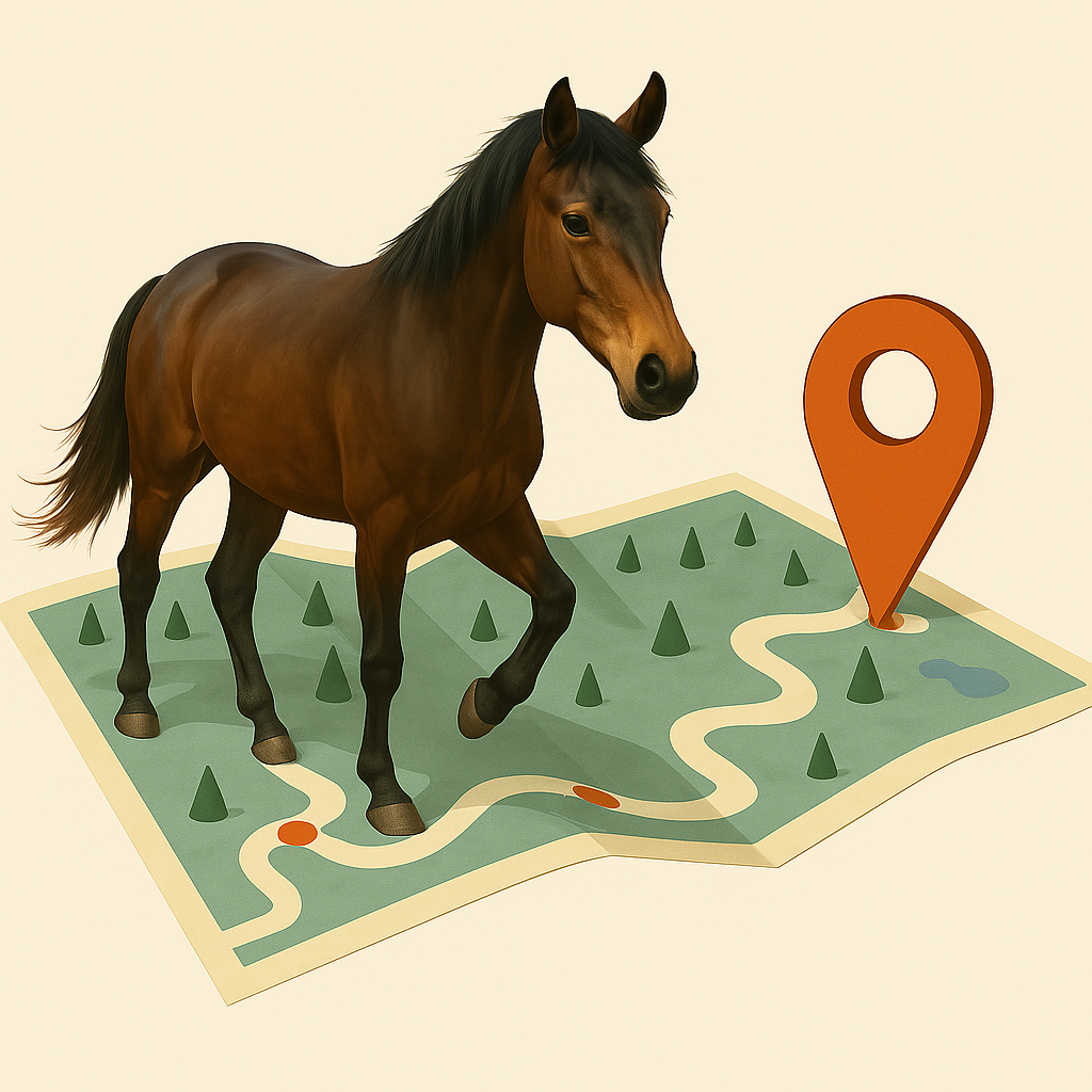 Illustrated horse on a paper map with trail and location marker, representing customized communication strategy