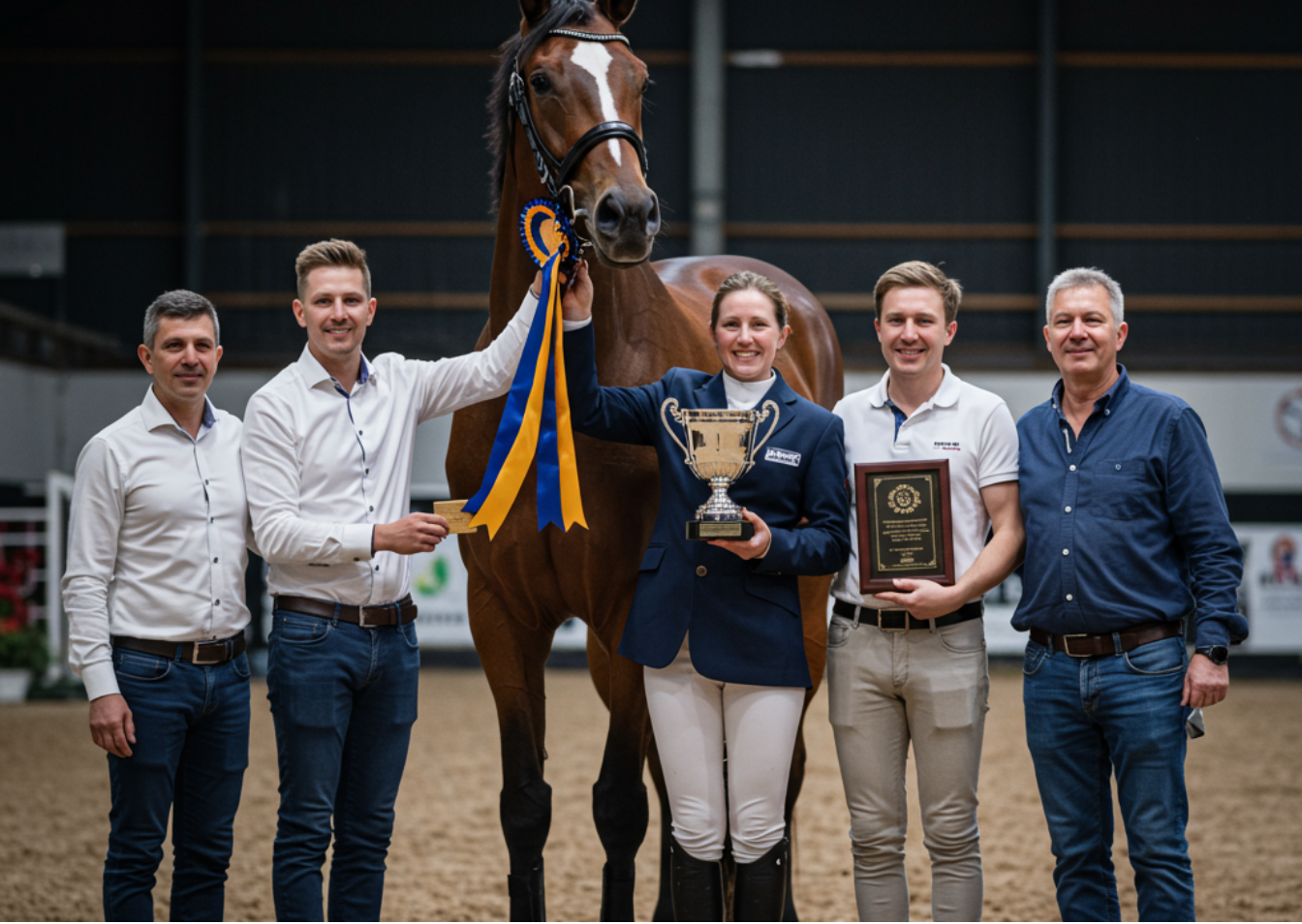 Group of people with horse holding awards, facing forward, symbolizing shared success and emotional investment