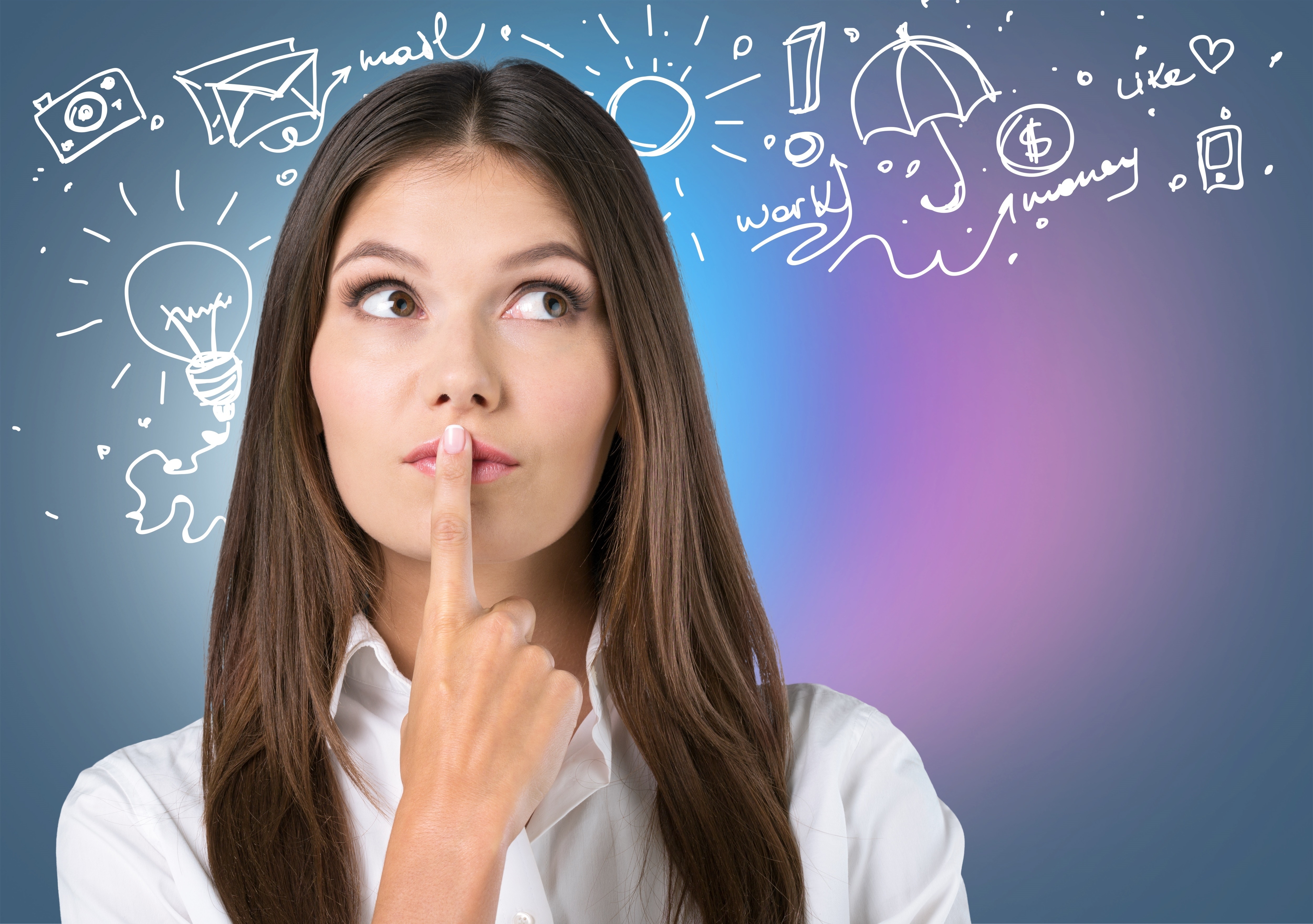 Thoughtful woman with finger on lips, surrounded by illustrated icons on a colorful gradient background, symbolizing introspection and mental clarity