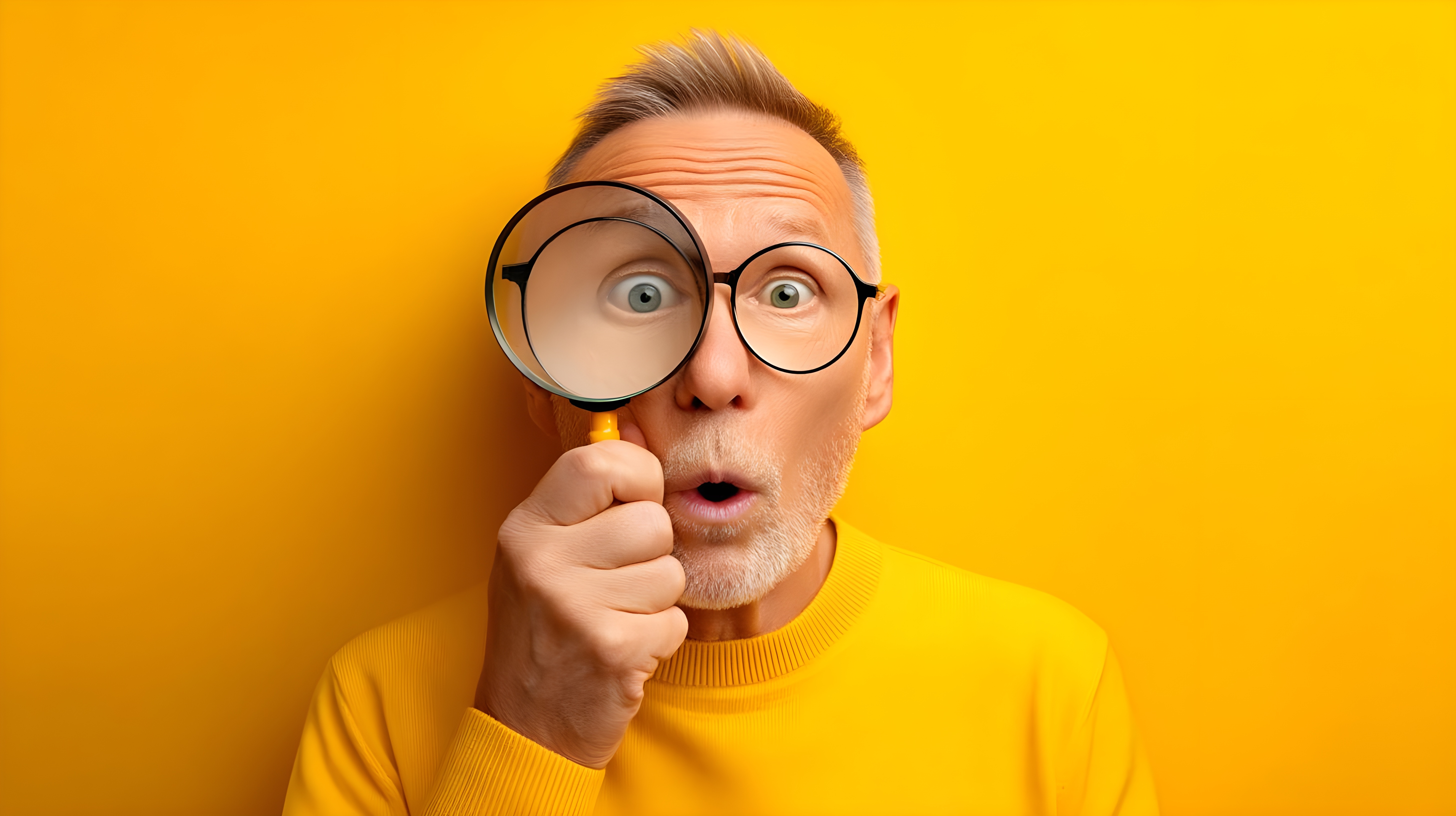 Man in yellow turtleneck holding magnifying glass to eye with surprised expression, representing curiosity and self-discovery