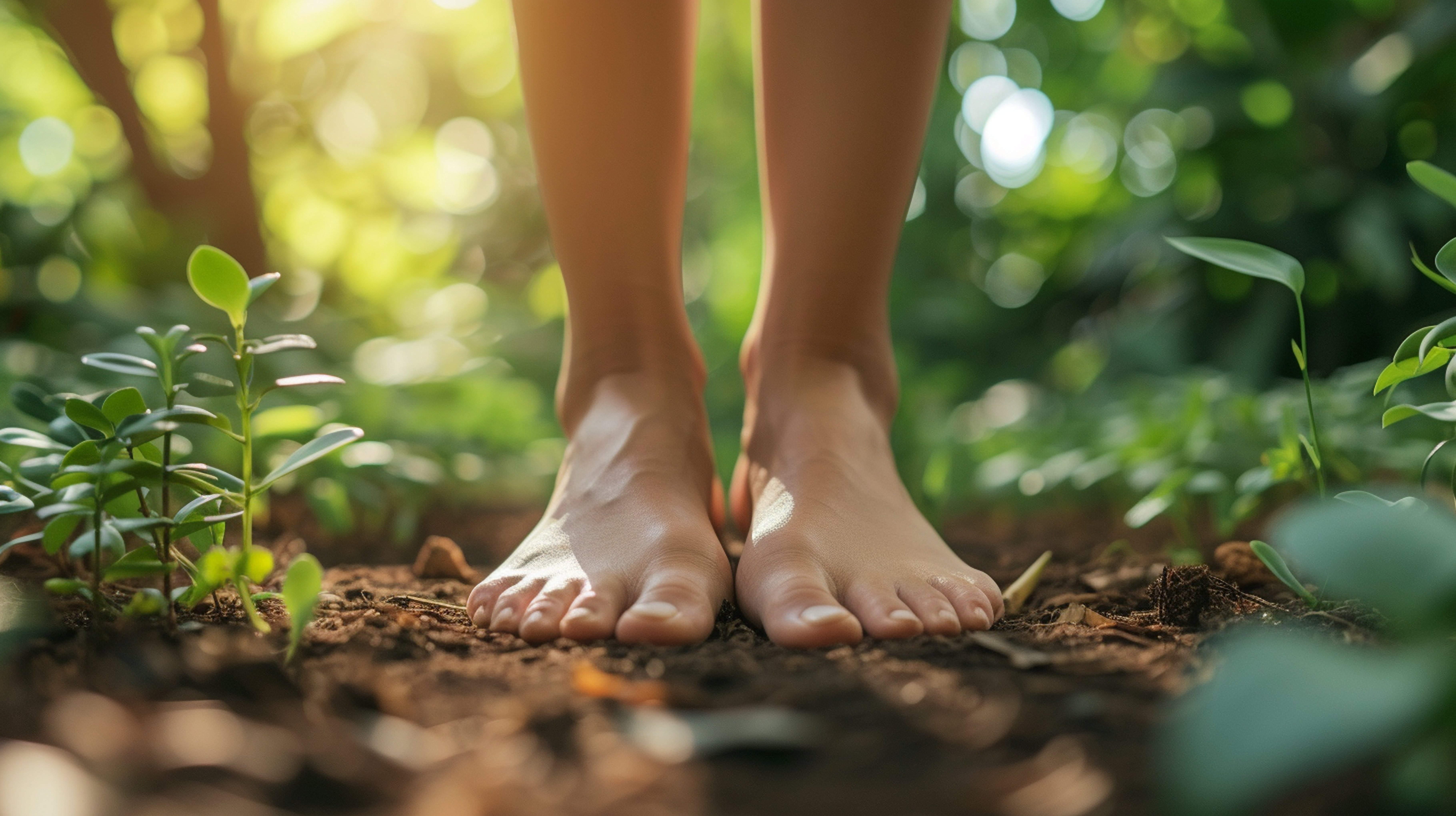 Two bare feet standing on rich soil surrounded by greenery, symbolizing grounding and connection to nature
