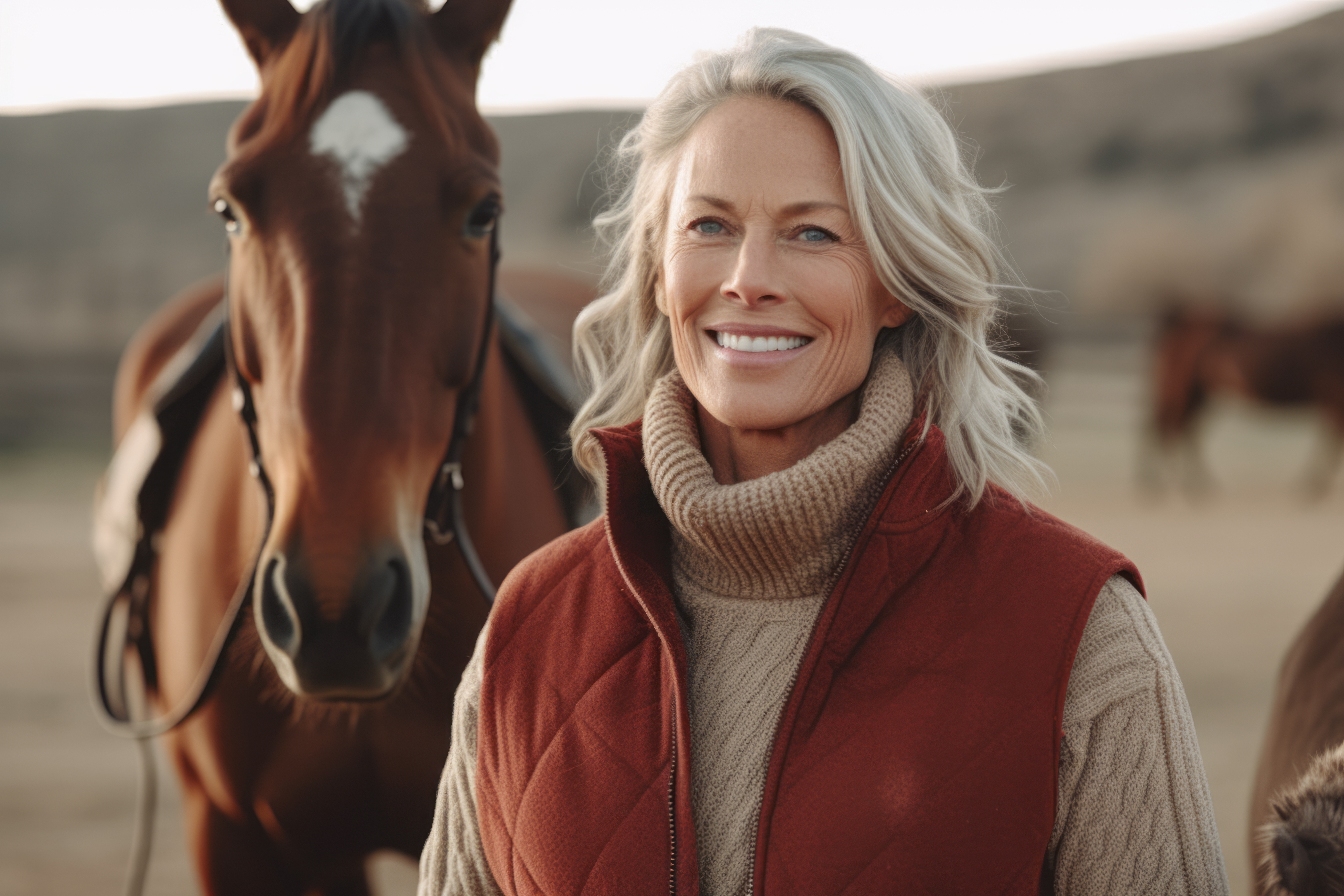 A happy smiling woman beside a calm horse, symbolizing intuitive connection and trust