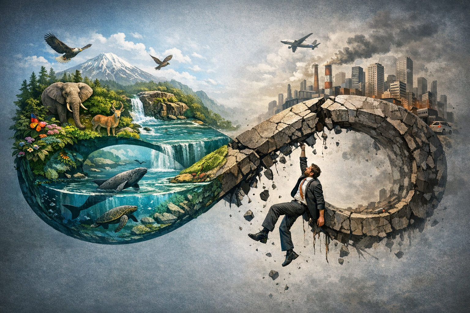 Infinity symbol with animals and nature on the left, and human cities and machines on the broken right
