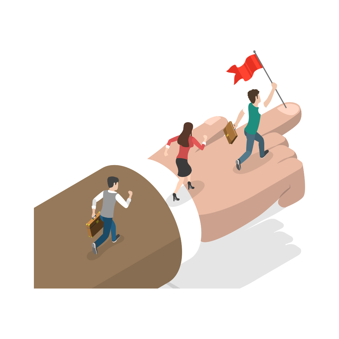 Illustration of small business professionals walking on a giant hand holding a red flag, symbolizing leadership and guidance in digital marketing by Robinson Digital.