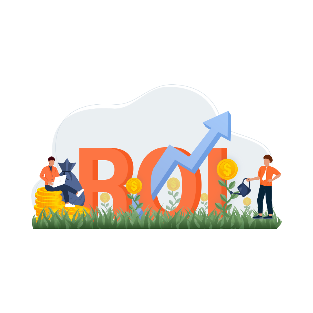 Illustration showing 'ROI' with characters adjusting strategies, symbolizing Robinson Digital’s approach to optimising Google Ads for better returns on investment (ROI) through strategic bid management and performance tracking.