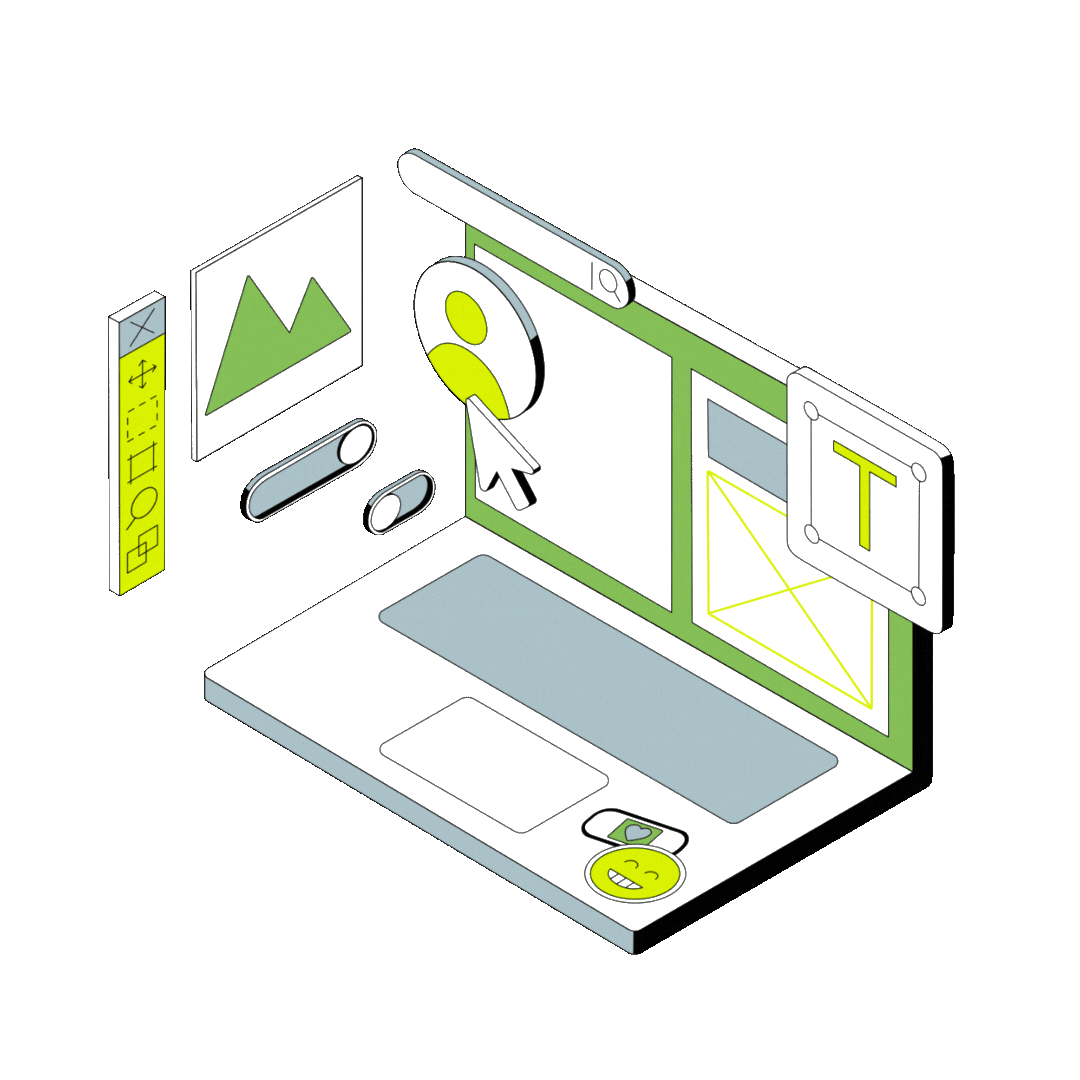 Illustration of website development by Robinson Digital, showing design elements and a laptop, representing high-ranking websites that bring in leads.