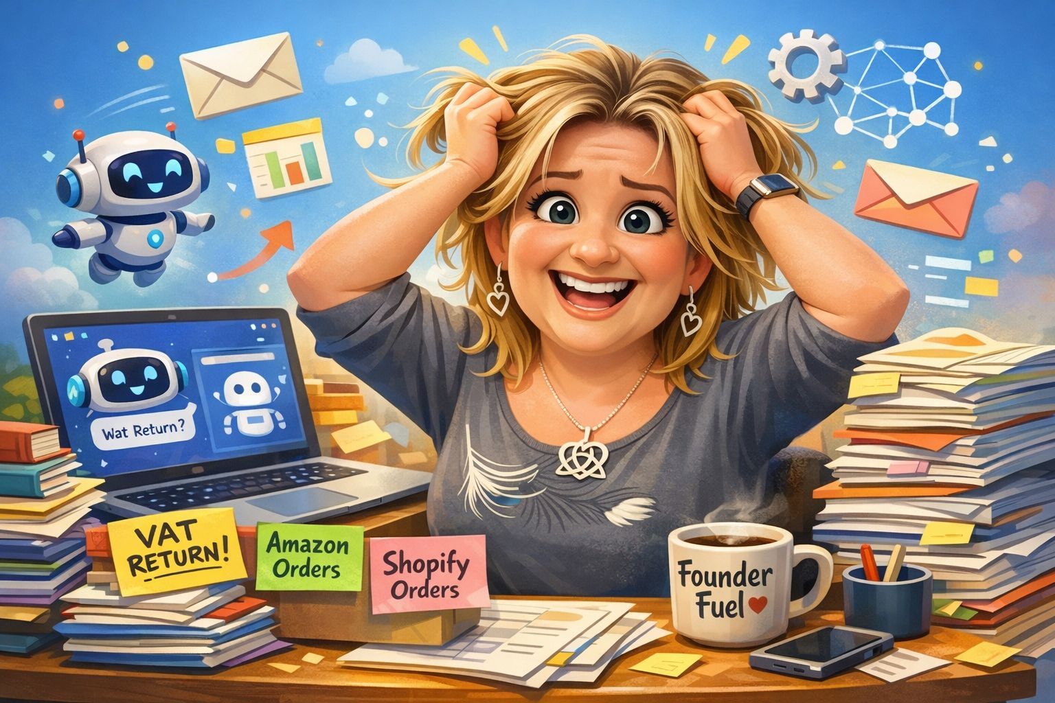 Cartoon illustration of Cara Sayer, inventor of SnoozeShade and creator of The Bottleneck Breaker