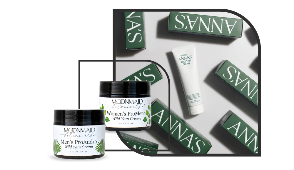 A collection of Anna’s and MoonMaid Botanicals Wild Yam Cream products, including jars for men and women and a white tube, arranged against a modern green and grey background