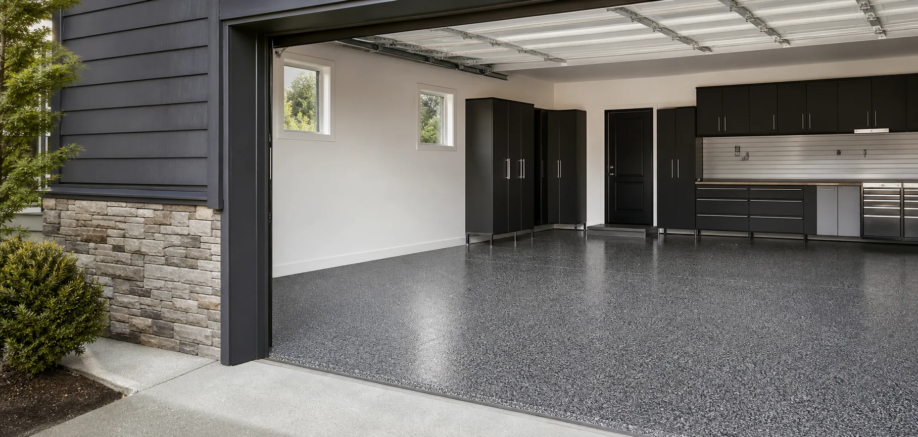 Design inspiration: a clean garage with a gray decorative flake floor