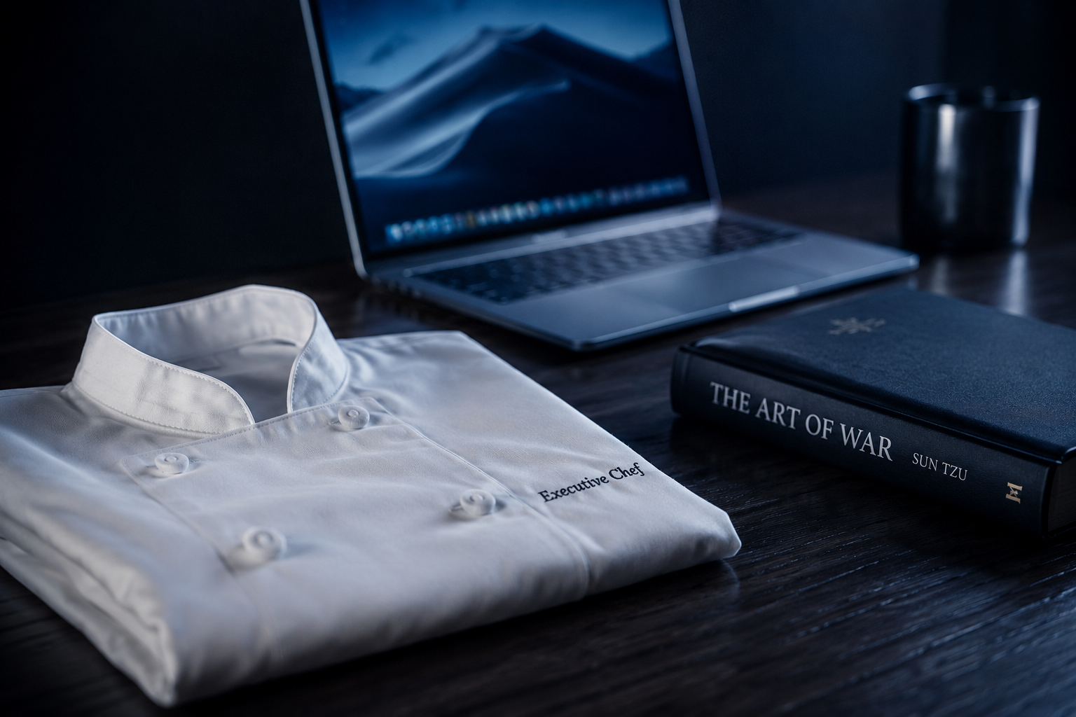 Executive Chef jacket beside The Art of War and MacBook